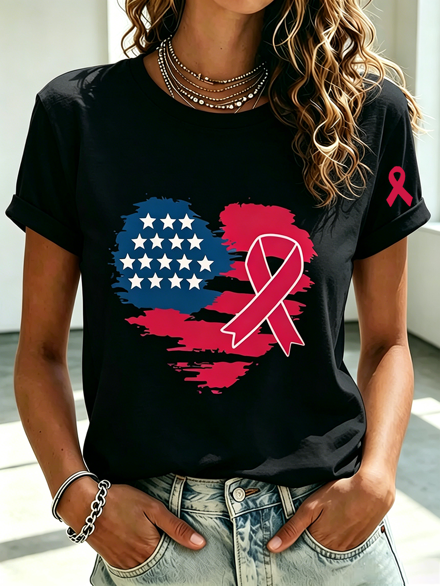 Women's American Flag breast cancer Awareness T-shirt