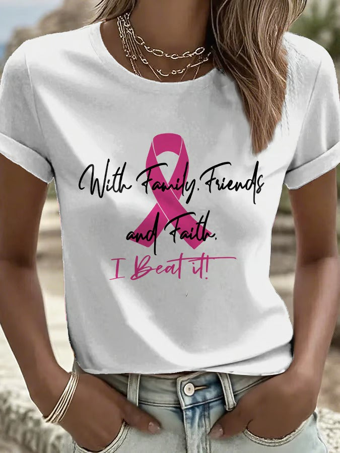 Women'S Casual Short-Sleeve Crew-Neck T-Shirt With Breast Cancer Awareness Print