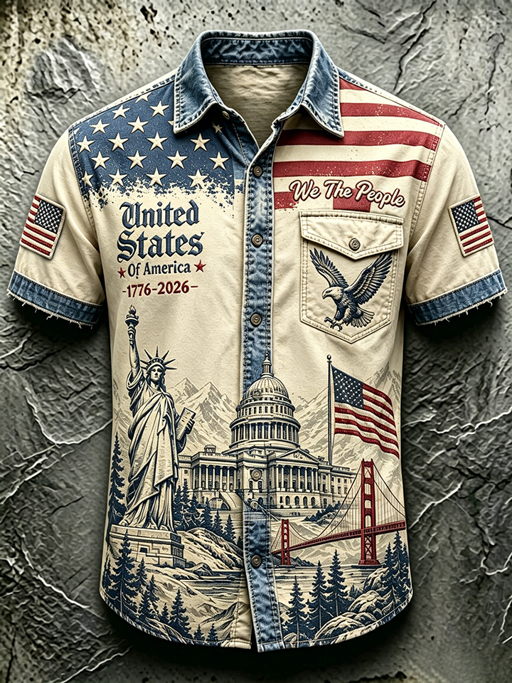 Men'S Casual American 250Th Anniversary Edition Printed Pocket Short Sleeved Shirt