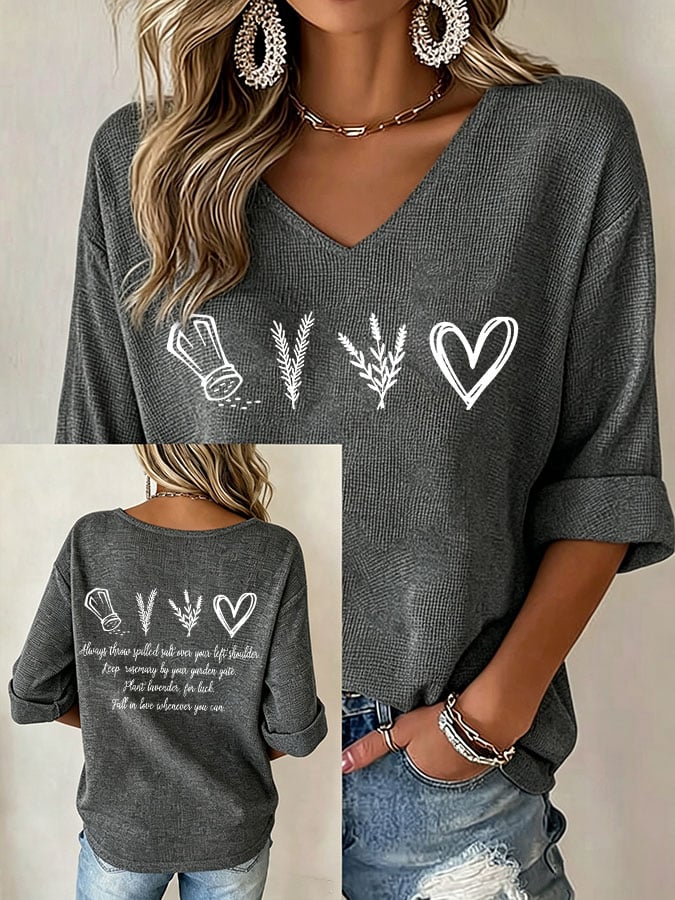 Women's Salt Rosemary Lavender Love Print V Neck Top