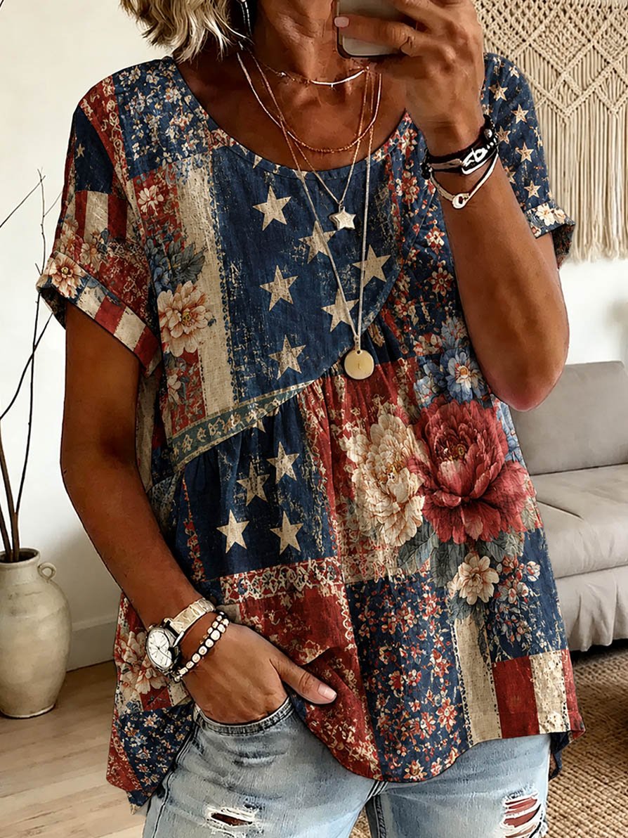 Women's Casual Floral Independence Day Top