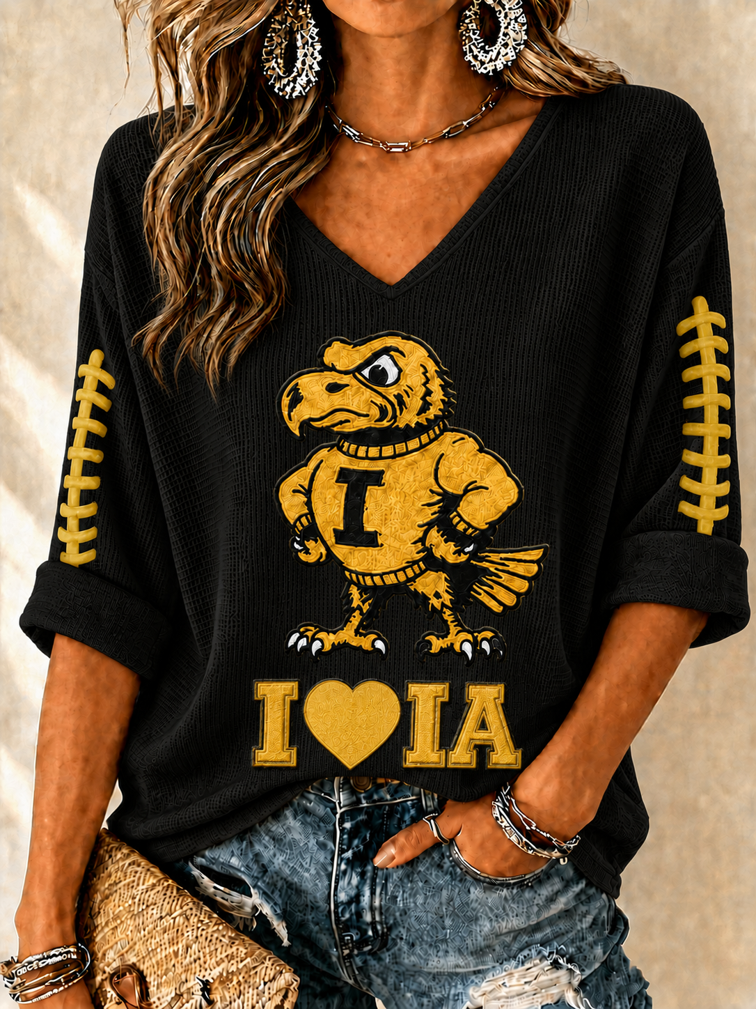 Women'S Football Print Waffle Top