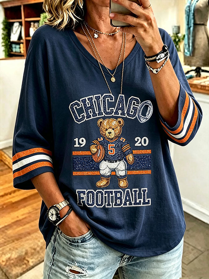Women'S Casual Football V-Neck 7-Inch Sleeve T-Shirt