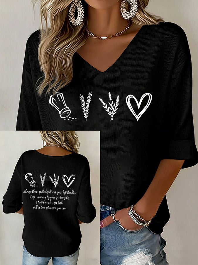 Women's Salt Rosemary Lavender Love Print V Neck Top