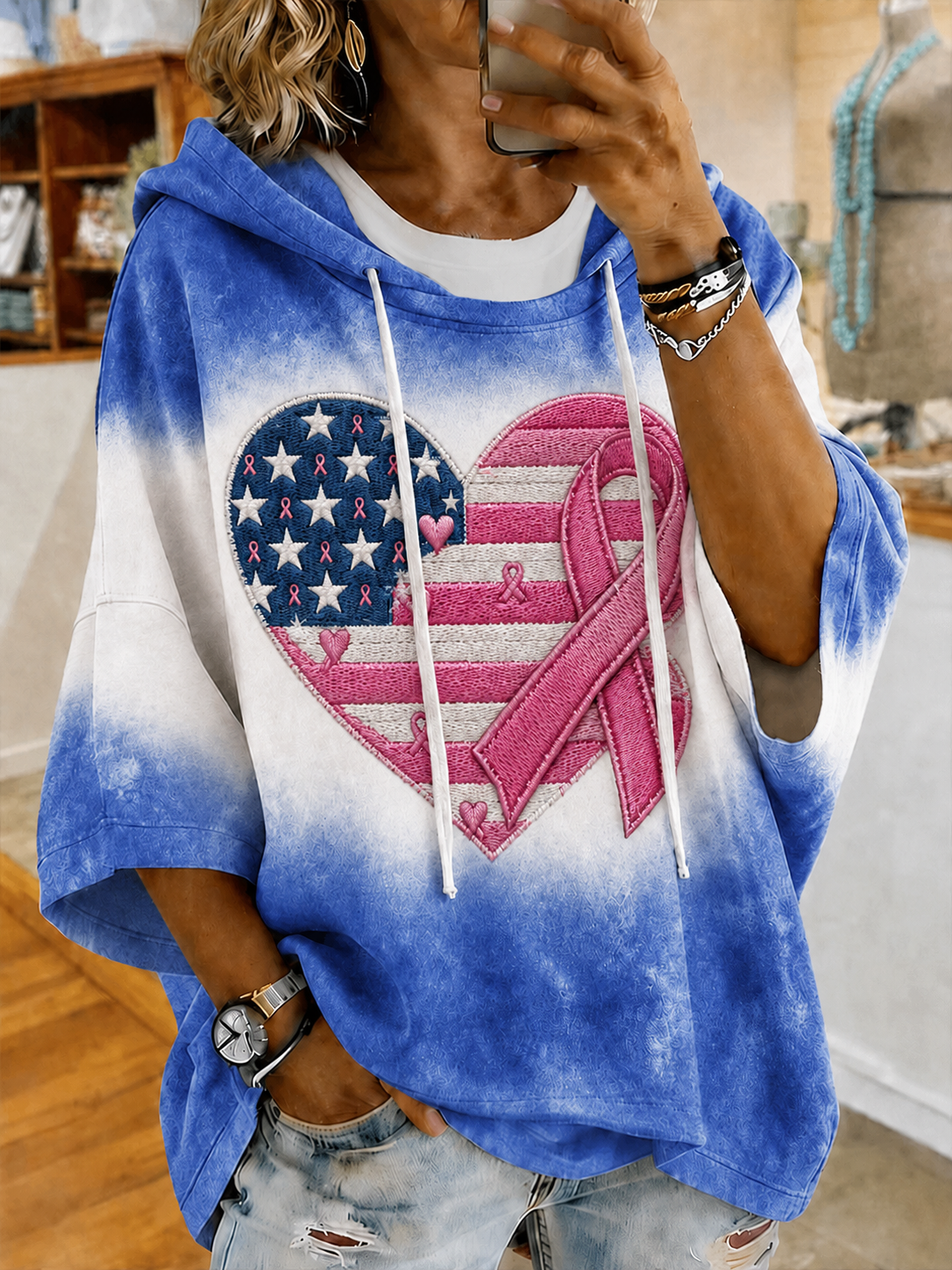 Women'S Breast Cancer Awareness Print Half Sleeve Hoodie