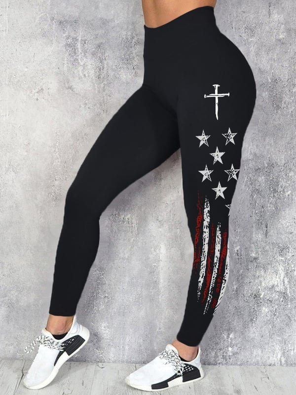 Women's casual retro flag-print leggings