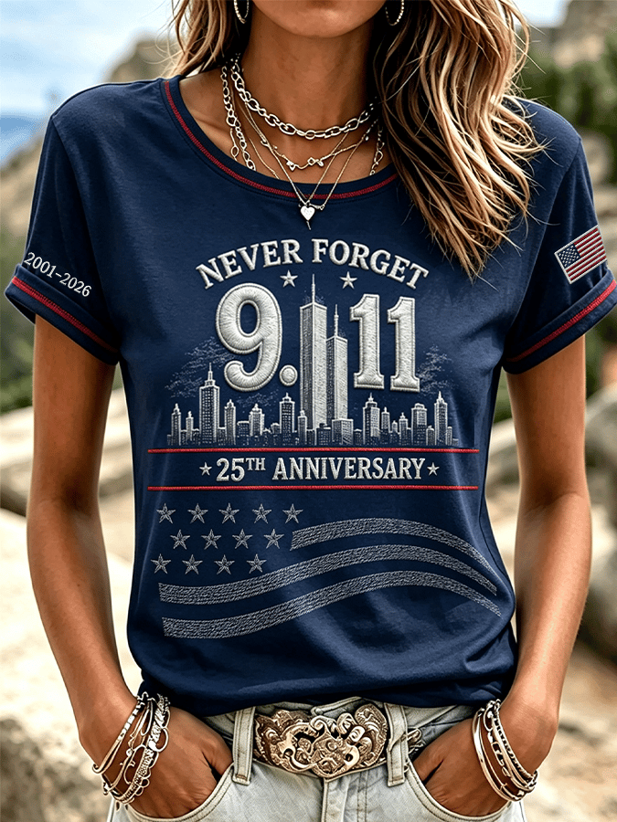 Women's "Never Forget 9/11" Pattern Comfortable Crew Neck Retro T-Shirt
