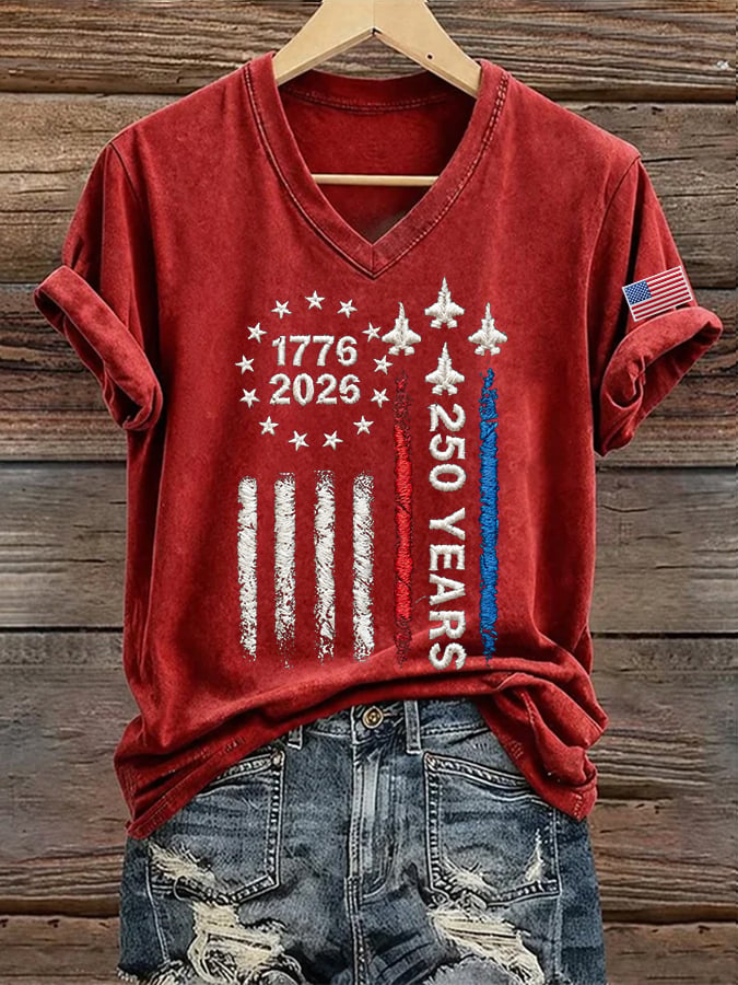Women's 250 Years Of Freedom Print V Neck T-shirt