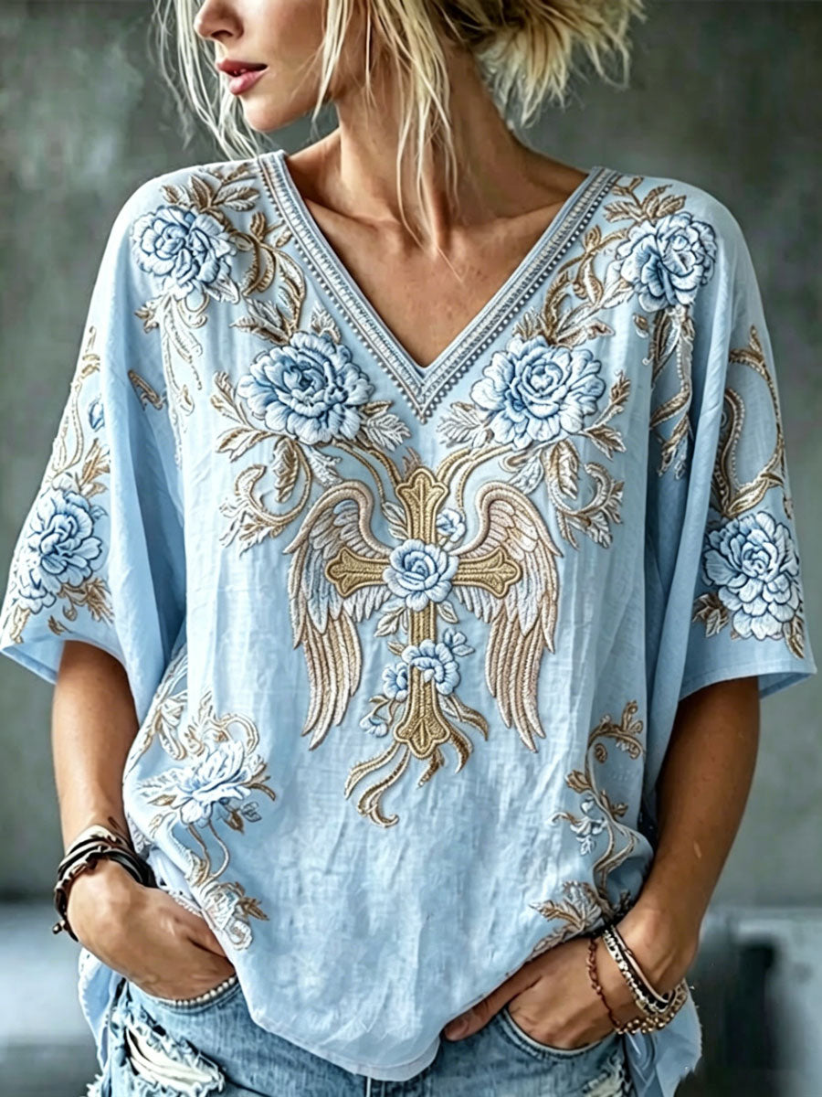 Women'S Cotton And Linen Floral Faith Casual Top