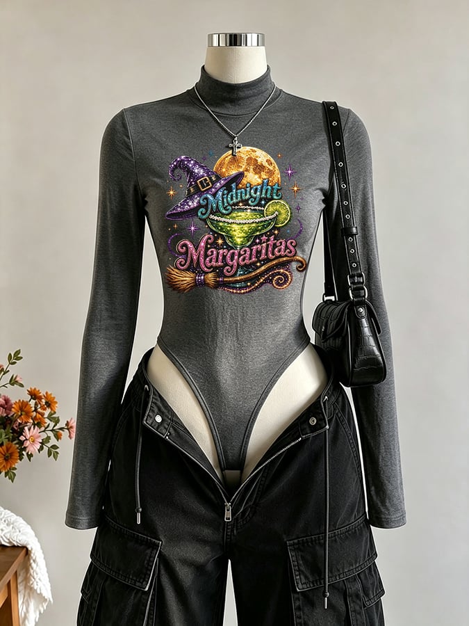 Women's Midnight Margaritas Print Long Sleeve Turtleneck Bodysuit
