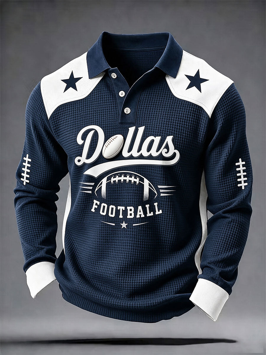 Men's American football waffle long sleeved polo shirt