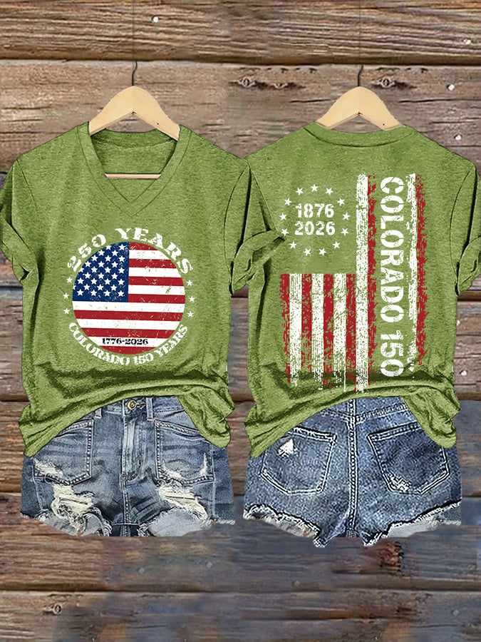 V-Neck Retro Colorado 150 Years USA 250 Print T-Shirt