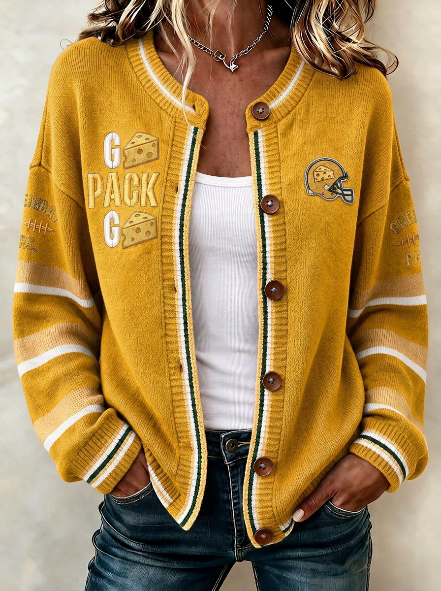 Women's Green Bay Packers Cheesehead Helmet Printed Cardigan