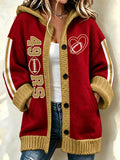 Women'S Football Print Casual Hooded Long Cardigan