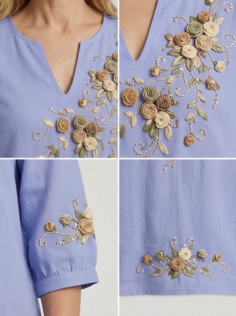 Women's Breast Cancer Awareness Floral Ribbon Embroidered Printed Top