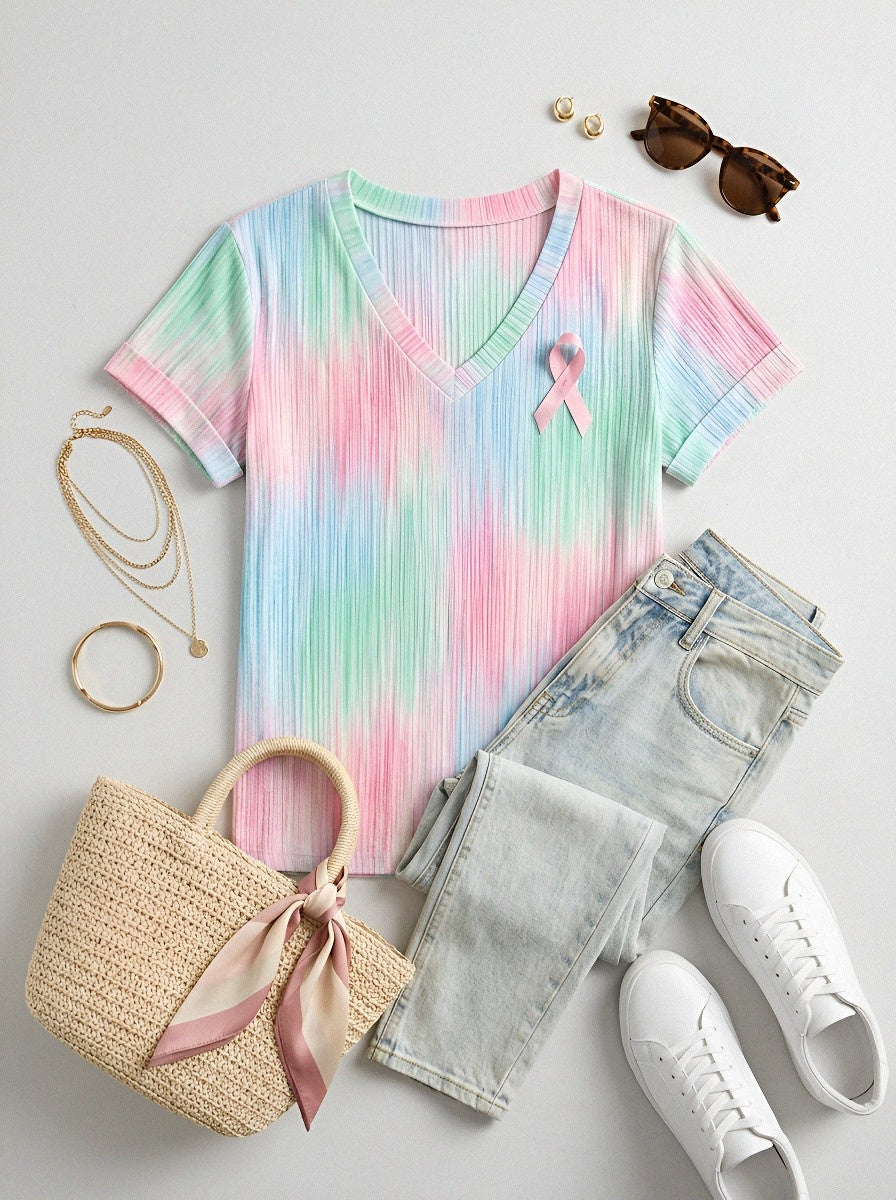 Women's Breast Cancer Awareness Vertical Tie-Dye Printed V-Neck T-Shirt
