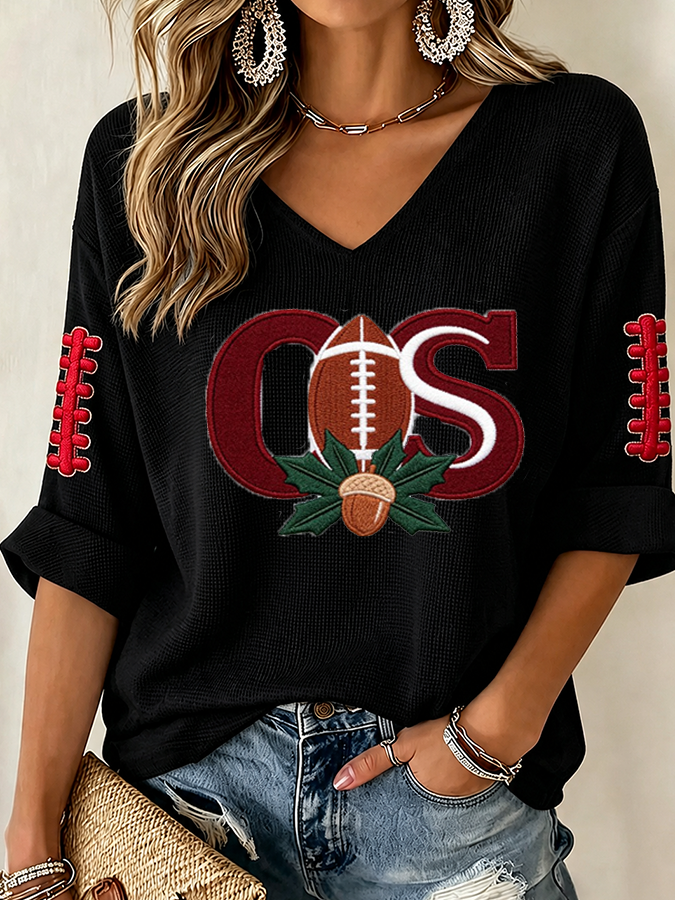 Women'S College Rugby Printed Waffle V-Neck Top