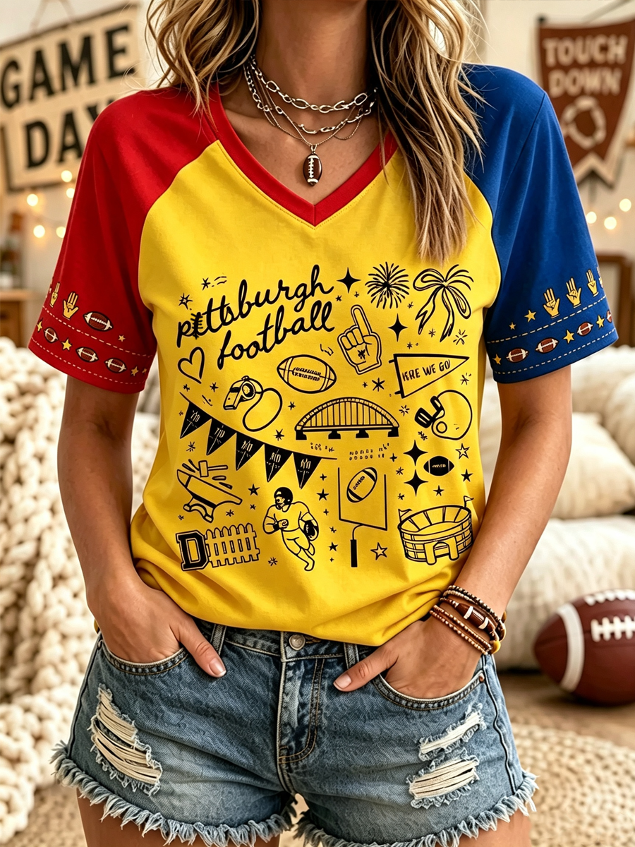 Women's Football Fan Printed Print Casual V-Neck Tee