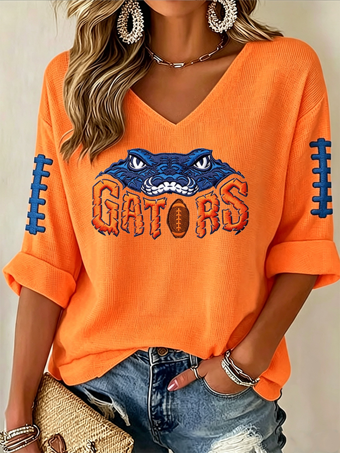 Women'S Rugby Patterned Waffle V-Neck Top