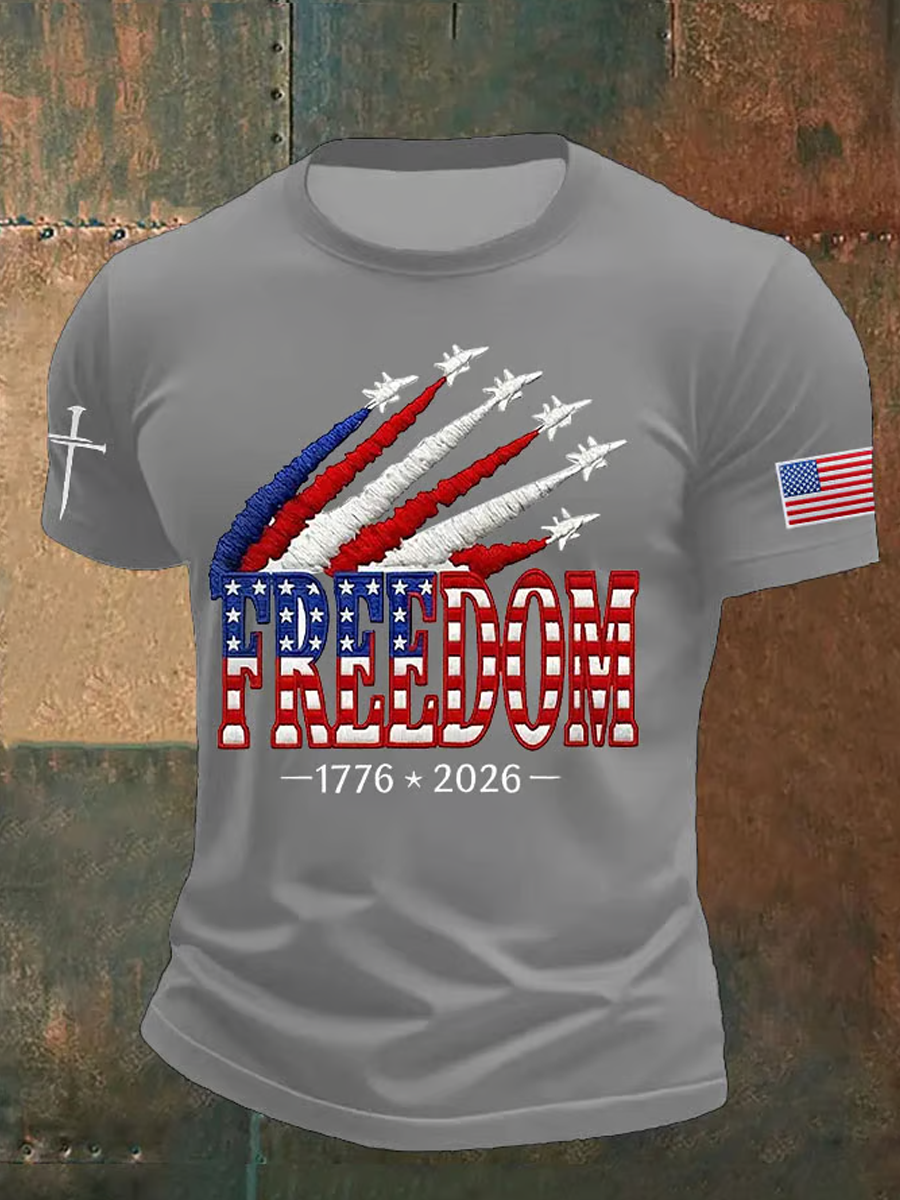 Men's Retro Freedom American Flag Cross Print Round Neck T-Shirt