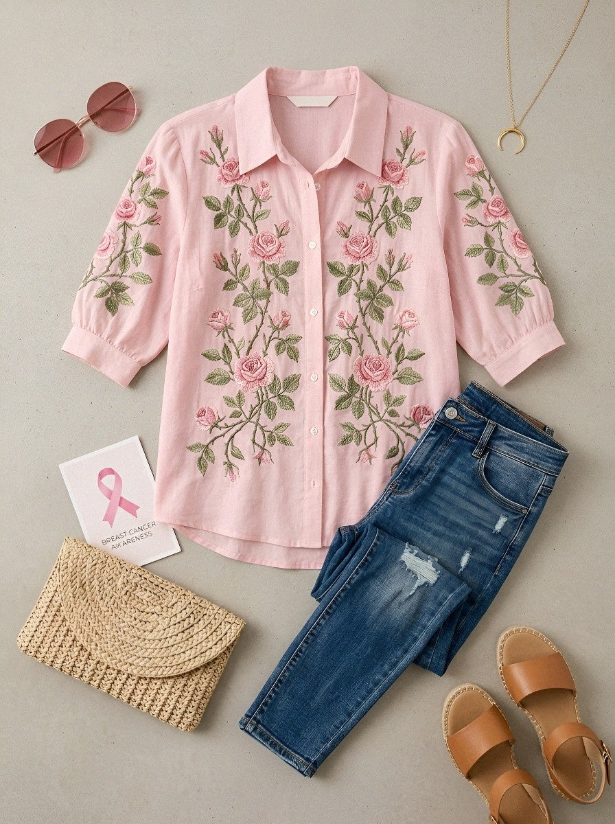 Women's Breast Cancer Awareness Pink Rose Floral Embroidered Button-up Shirt