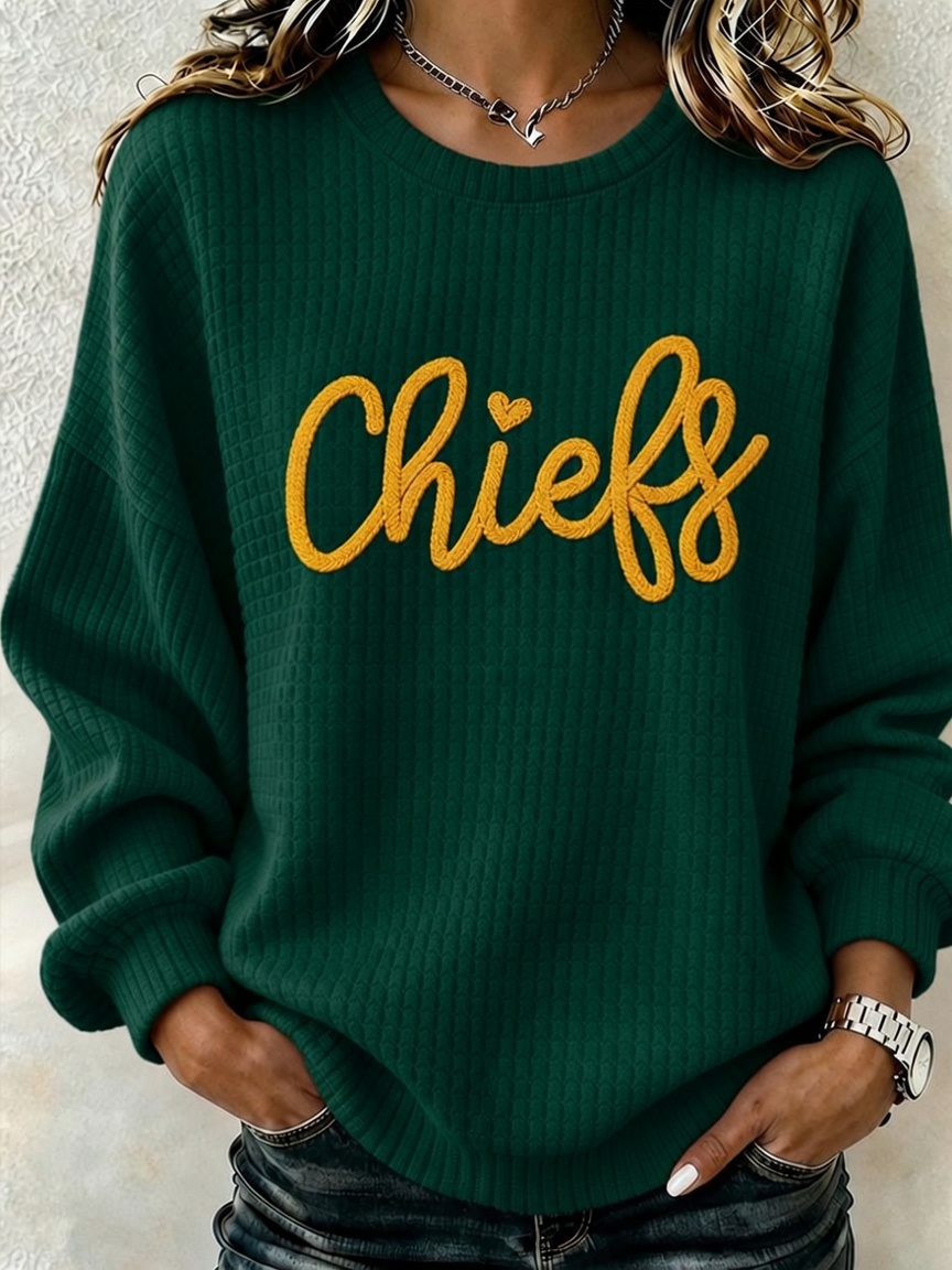 Women's Football Print Crew Neck Check Sweatshirt