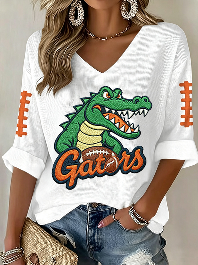Women'S Rugby Patterned Waffle V-Neck Top