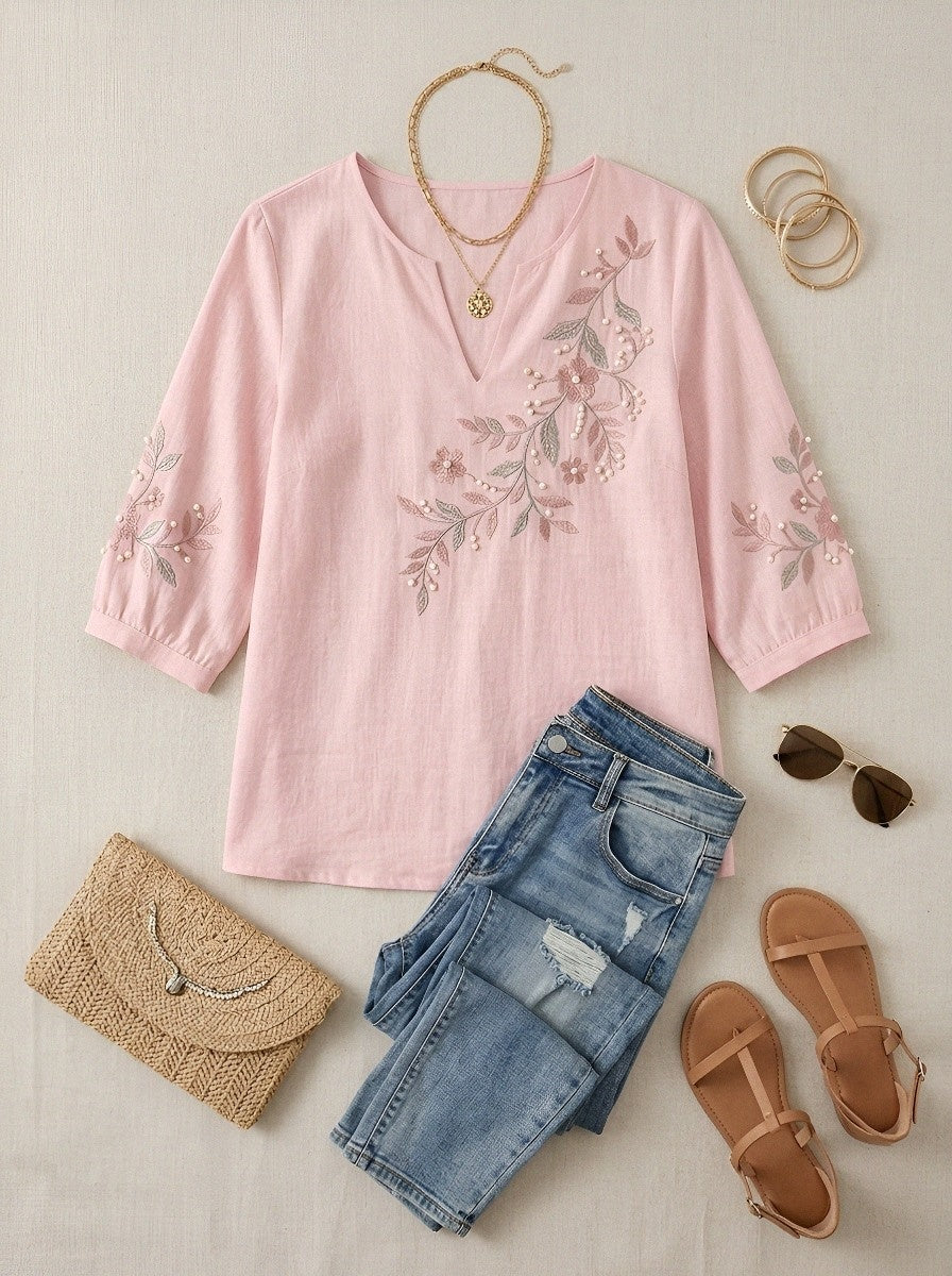 Women's Breast Cancer Awareness Floral Pearl Embroidered Printed Top