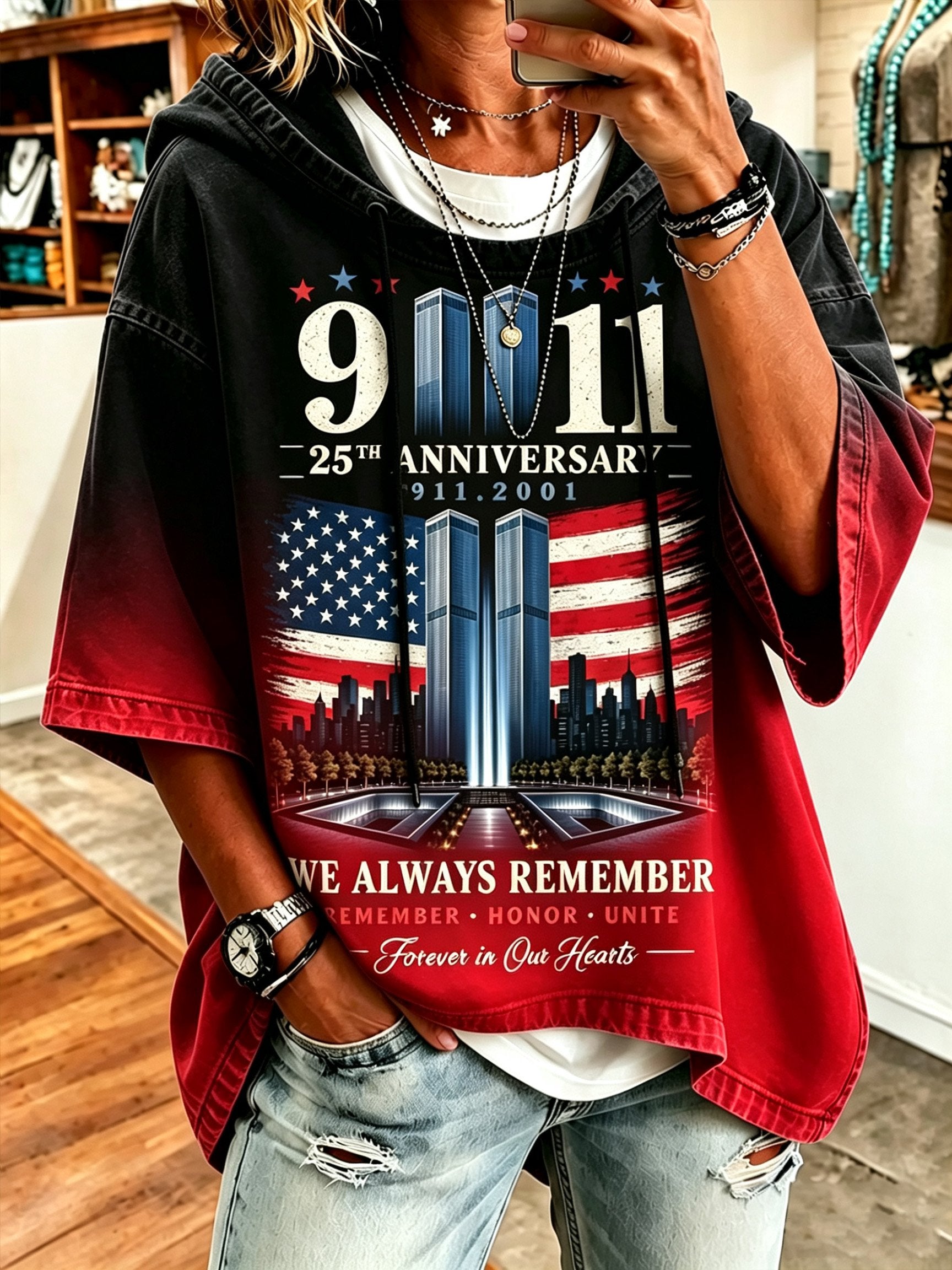 Women's 9/11 Memorial Casual Hoodie with Faux-Denim Print