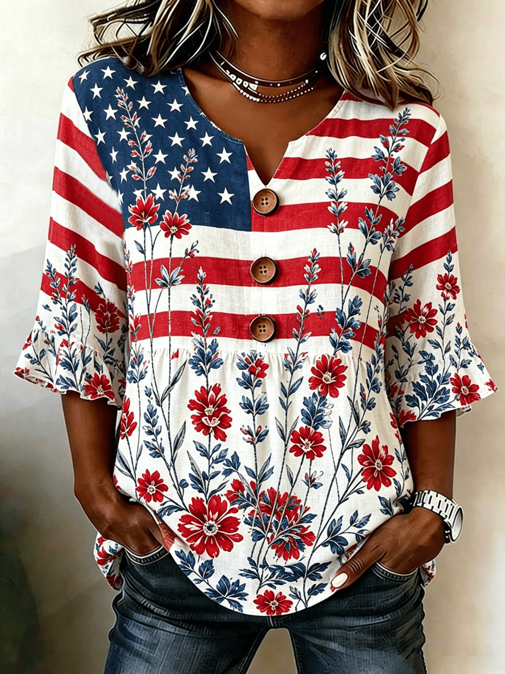 Women's American 250th Anniversary Cotton Linen Print Blouse