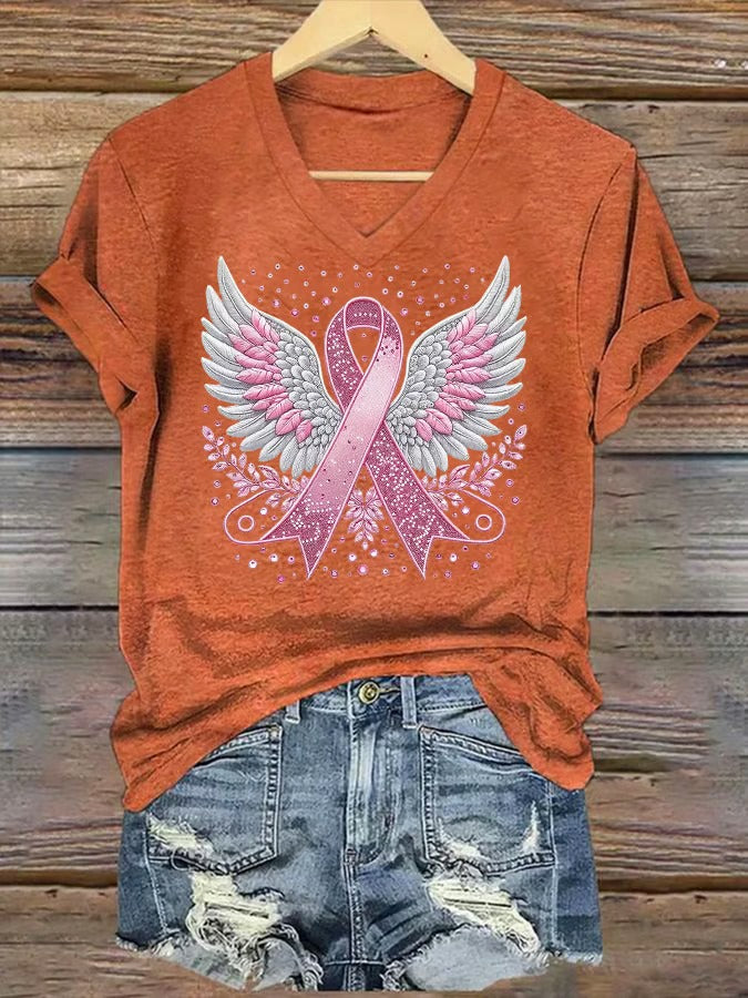 Women'S Casual Pink Ribbon Wings T-Shirt