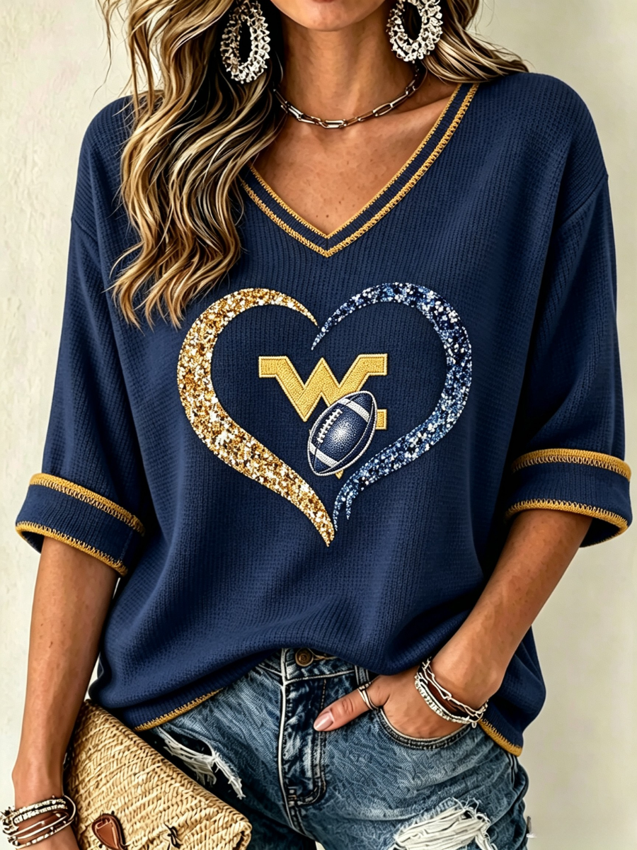 Women'S Rugby Patterned Waffle V-Neck Top