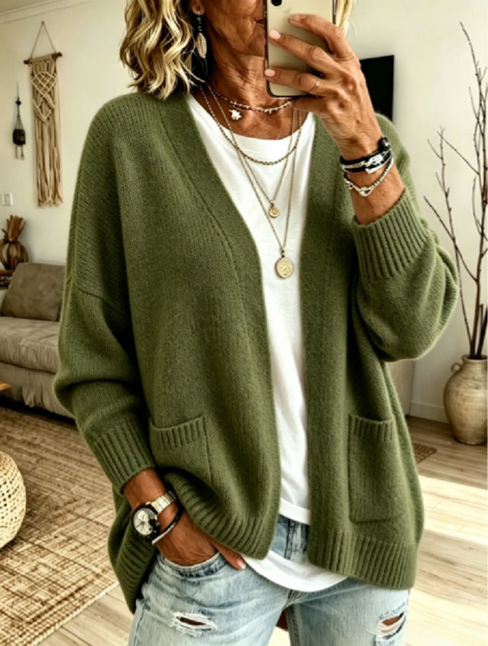 Women'S Casual Solid Color V-Neck Knitted Cardigan