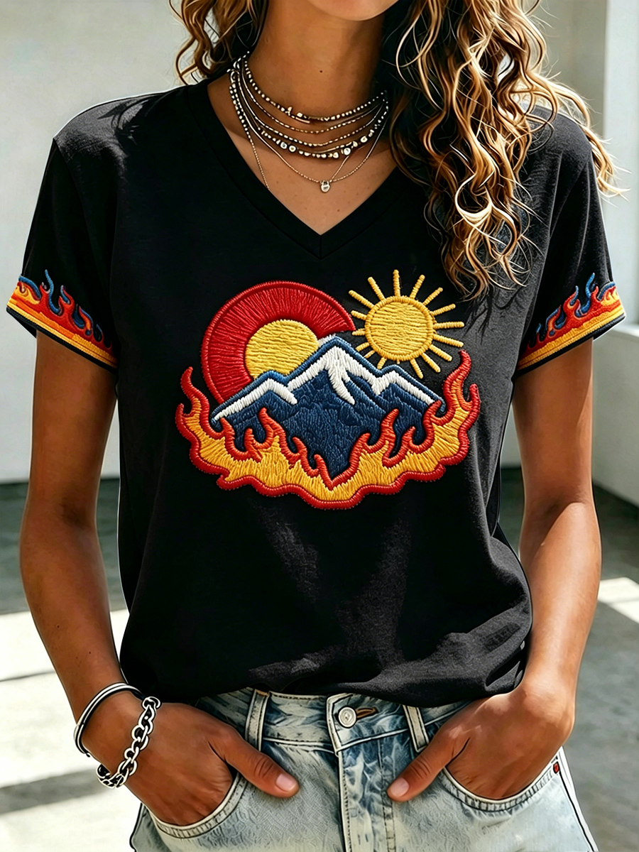 Wilderness Eagle Cross Faith Through The Fire V-neck Short Sleeve Retro T-shirt