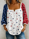 Women's Flag and Floral Print Cotton-Linen Top