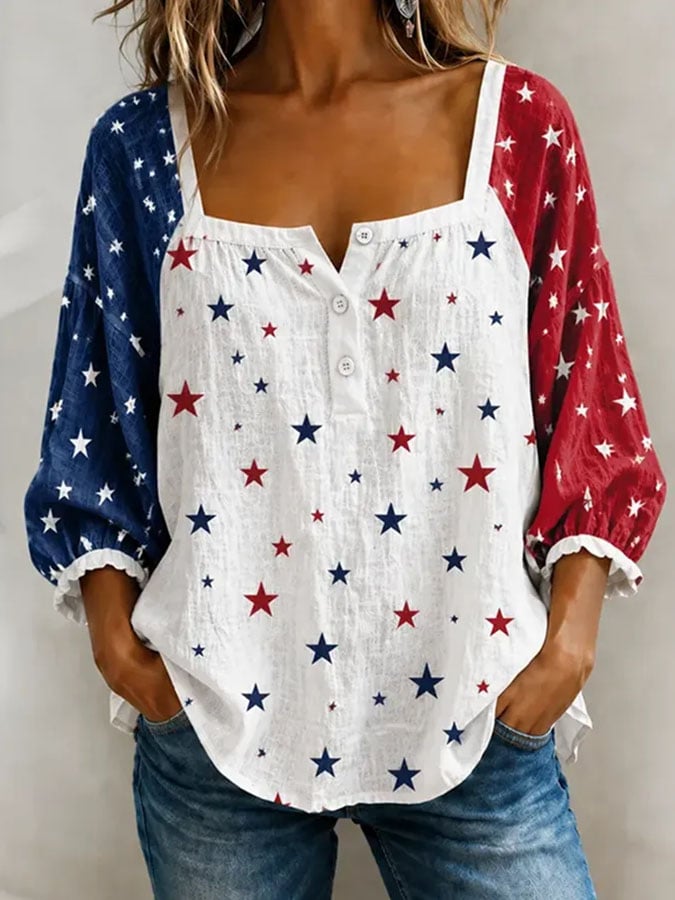 Women's Flag and Floral Print Cotton-Linen Top