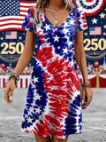 Ladies' Casual American Five-Star Flag Flower Tie Dye V-Neck Short Sleeved Dress
