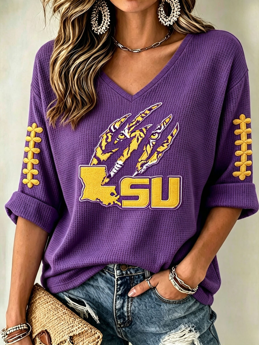 Women'S Rugby Patterned Waffle V-Neck Top
