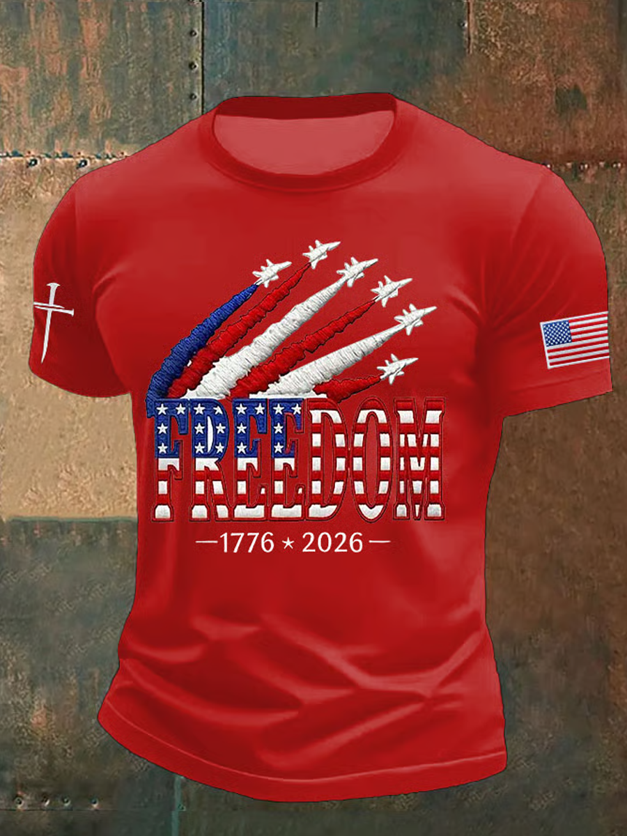 Men's Retro Freedom American Flag Cross Print Round Neck T-Shirt
