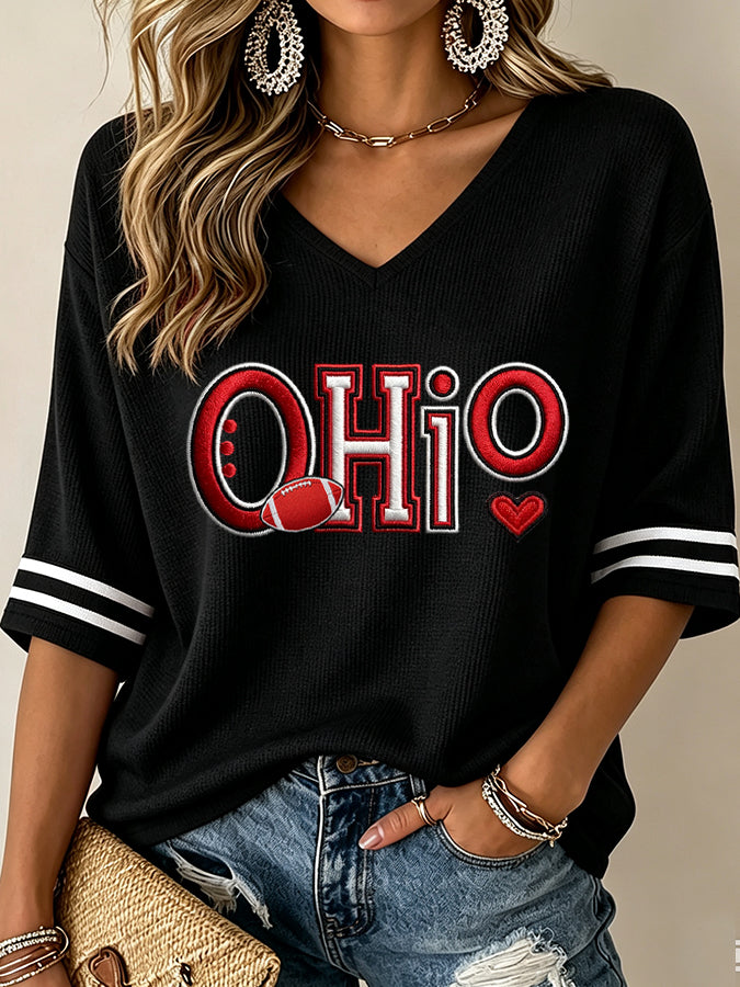 Women'S College Rugby Printed Waffle V-Neck Top