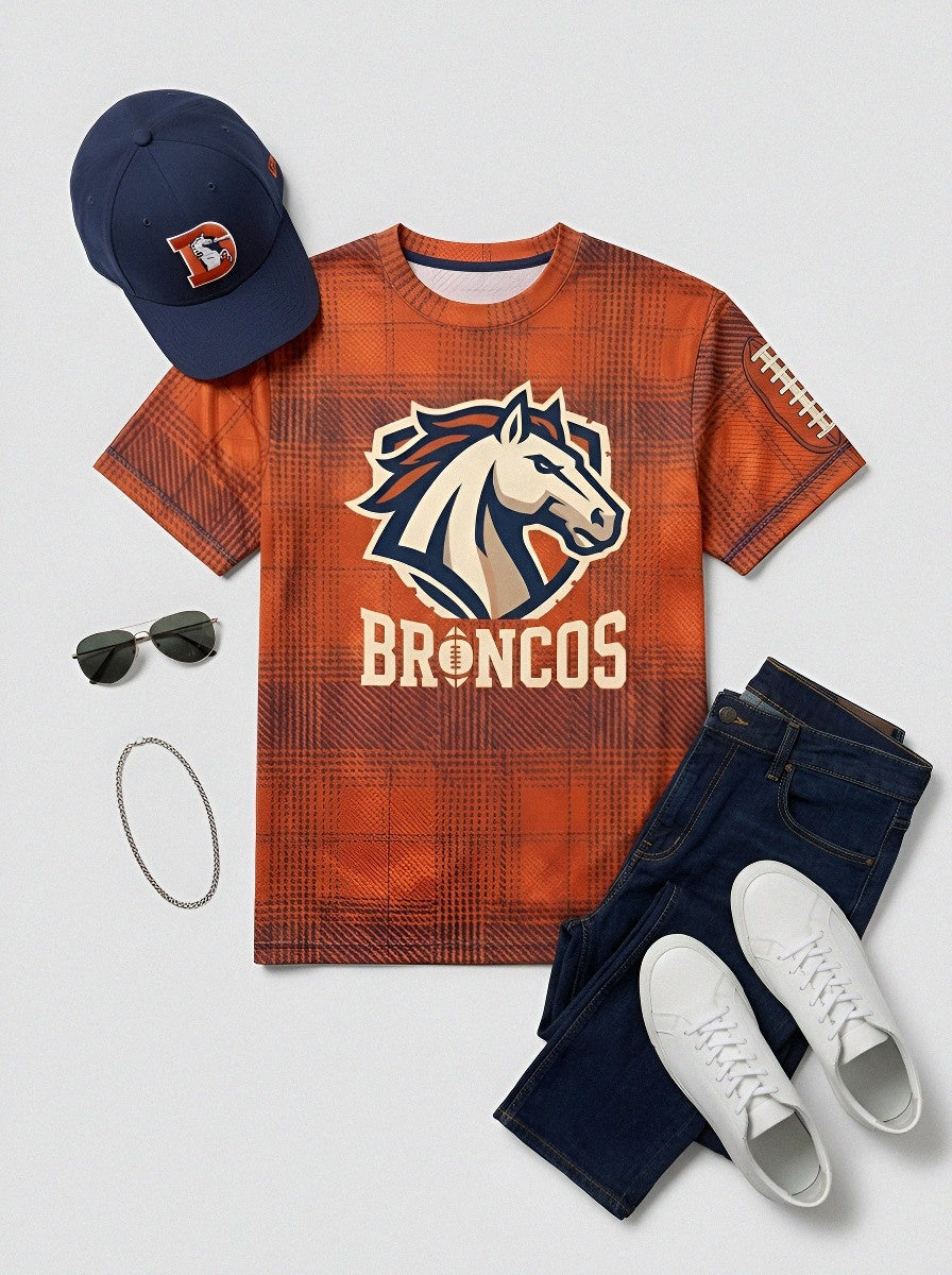 Unisex Denver Broncos Plaid Football Logo Printed T-shirt