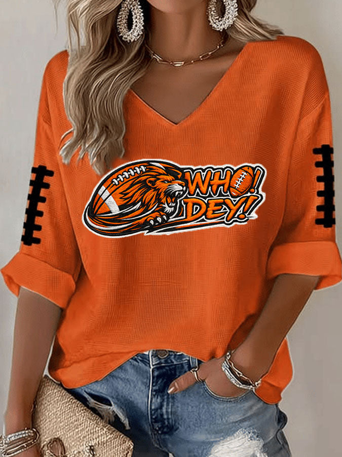 Women's Football-Print Waffle-Knit Casual T-Shirt