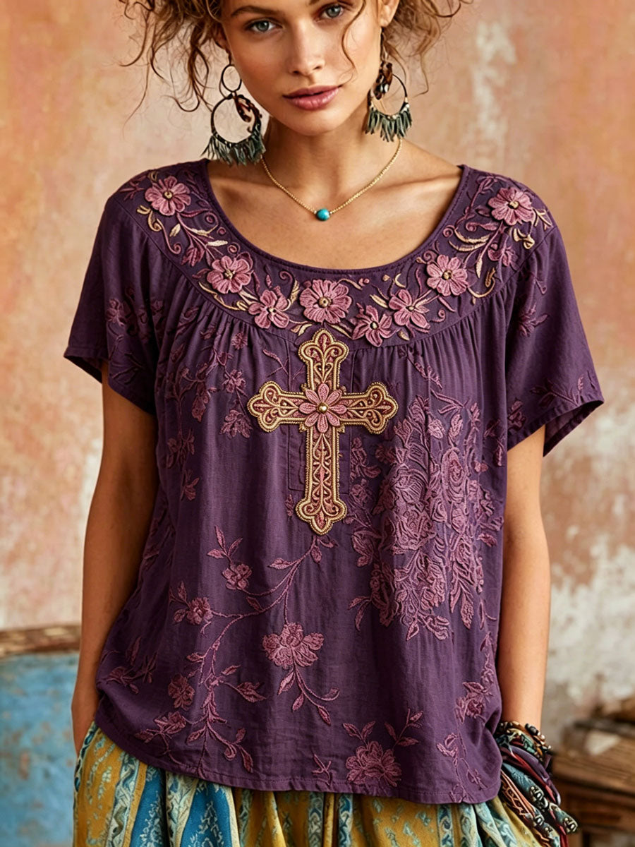 Women's Vintage Cotton-Linen Top with Wing and Cross Motif
