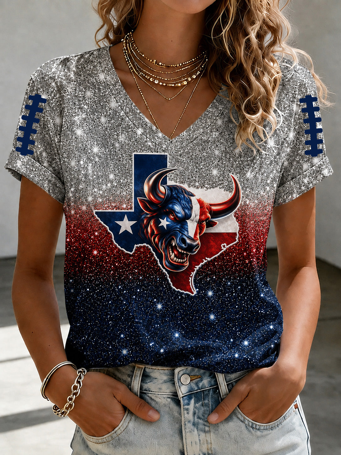 Women'S Rugby Printed V-Neck T-Shirt