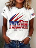 Women's Retro Freedom American Flag Cross Print T-Shirt