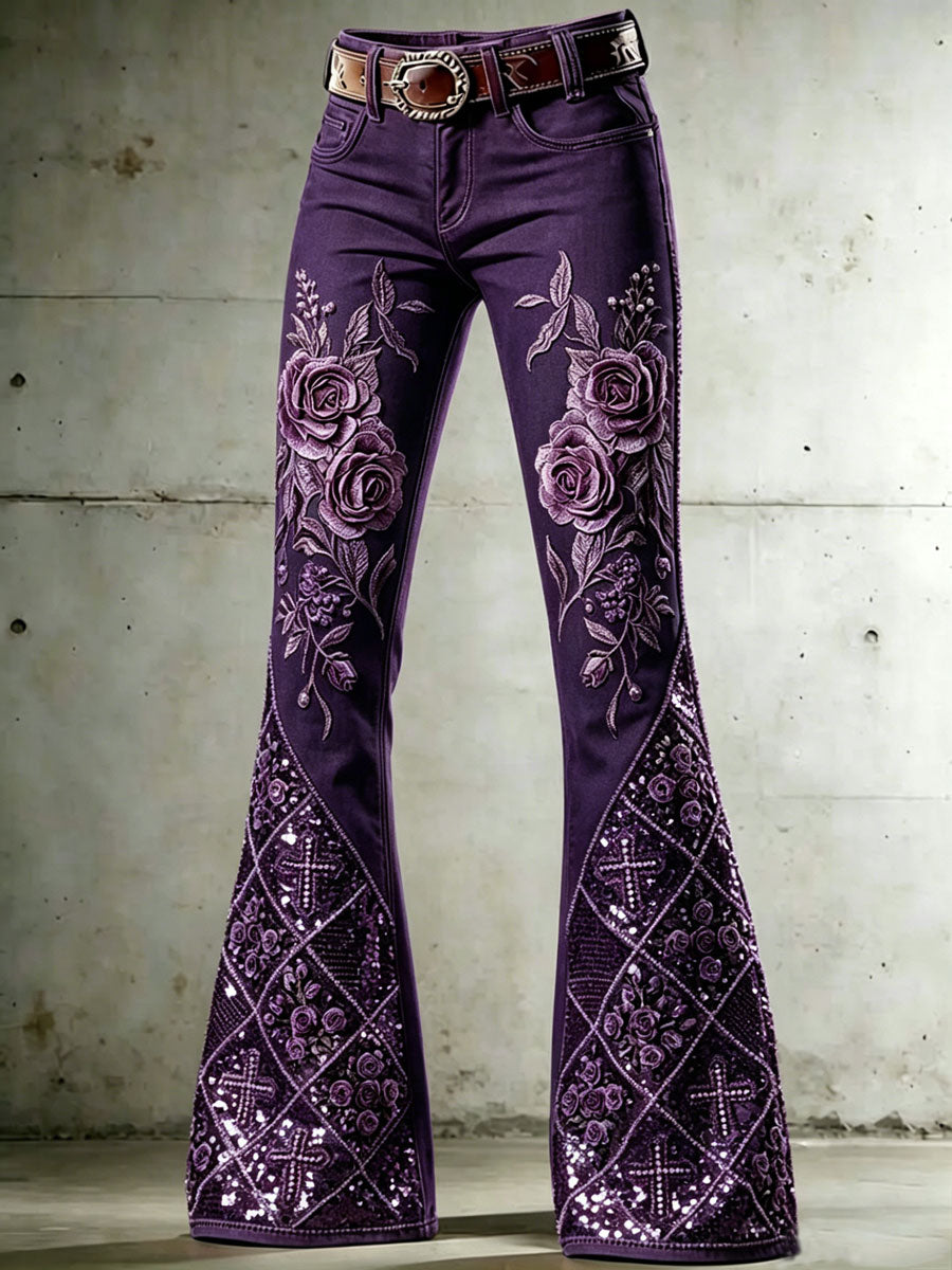 Women'S Flower Cross Patterned Flared Pants