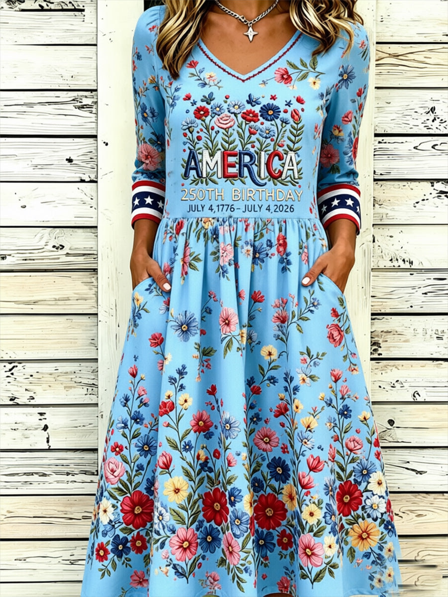 Women'S Retro Independence Day Rose Pattern Casual Round Neck Dress