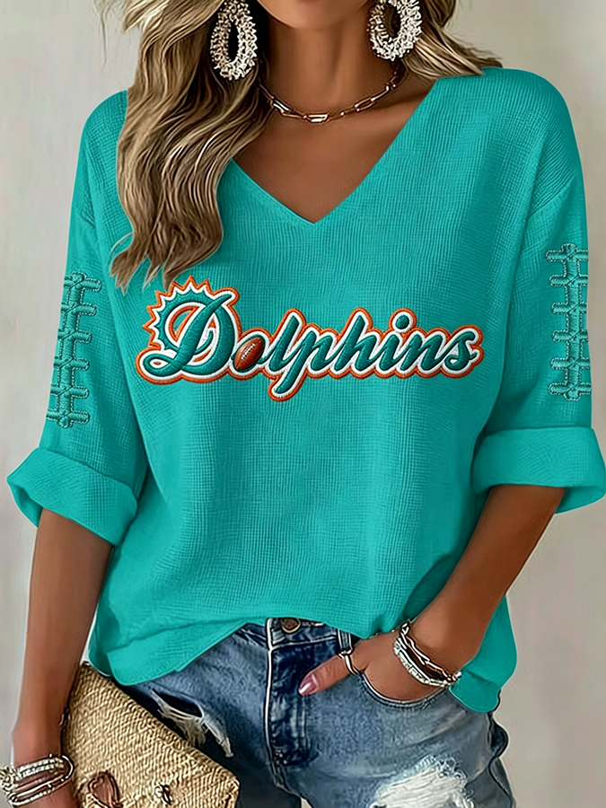 Women'S Rugby Patterned Waffle V-Neck Top