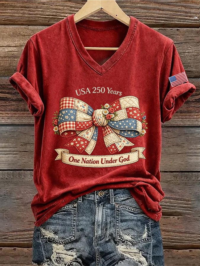 Women's USA 250 Years One Nation Under God Print V Neck T-shirt