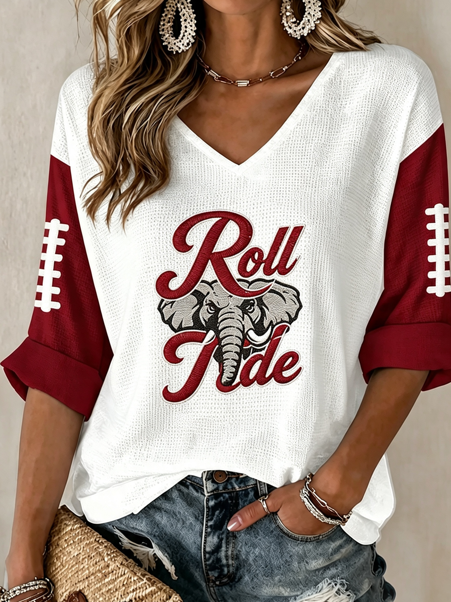 Women'S Rugby Patterned Waffle V-Neck Top